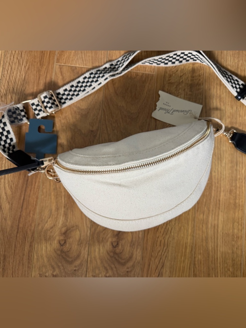 Universal Thread Cream Canvas Crossbody Fanny with checkered Black & Cream Strap